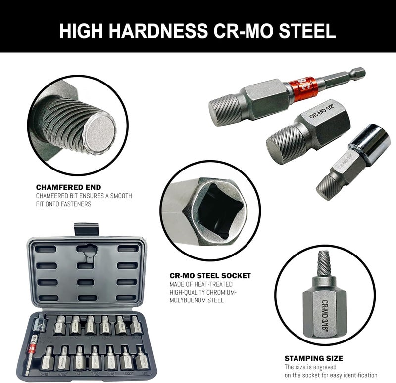 NORTOOLS 15PCS CR-MO Screw Extractor Set – 3/8" Hex Drive Multi-Spline Easy-Out Kit for Broken, Stripped, Rounded Screws/Bolts, Broken Bolt Remover，Includes Adapter & Blow-Molded Case (1/8"-1/2") - Image 3